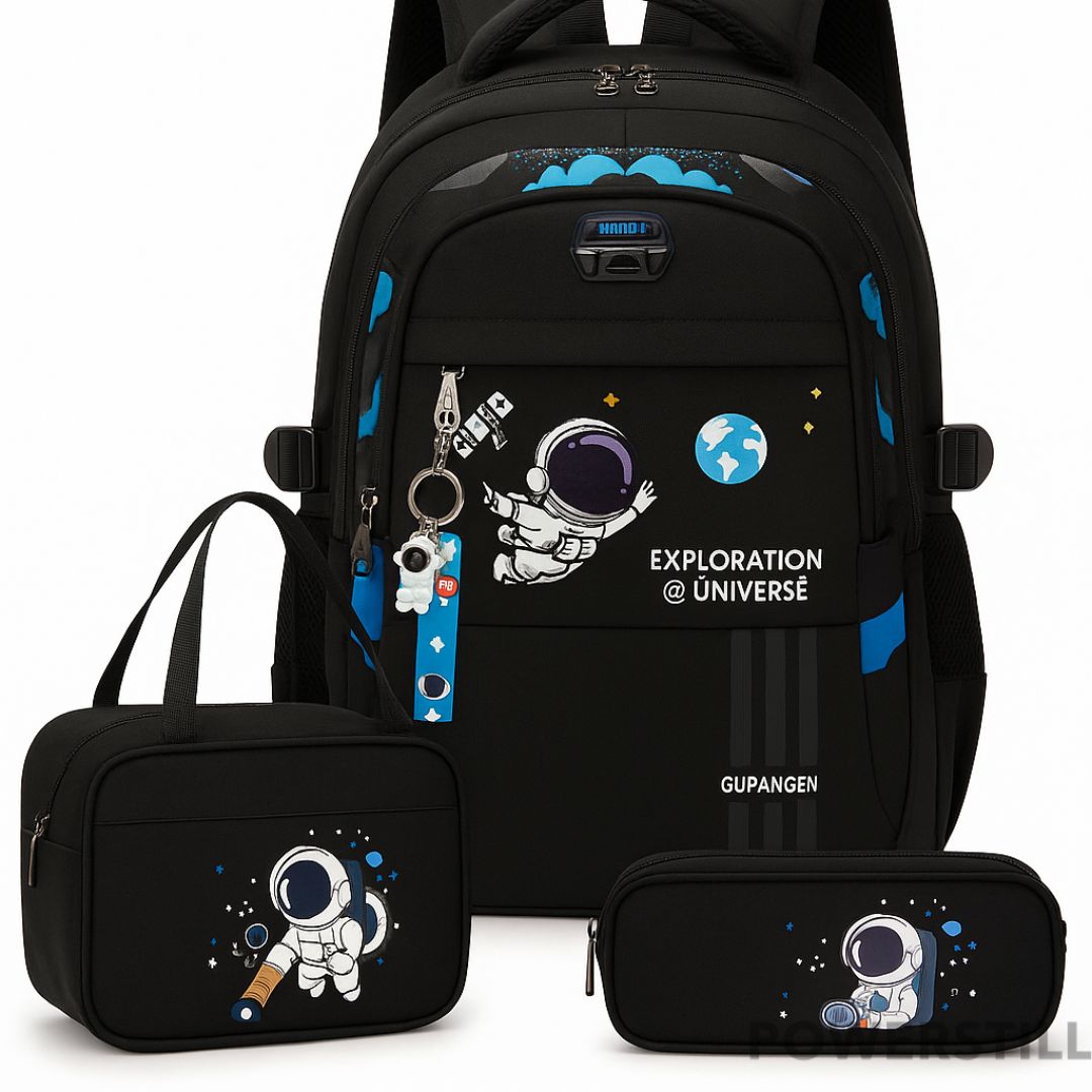 Kit Mochila Astronauta Lancheira Estojo e Chaveiro