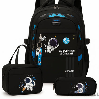 Kit Mochila Astronauta Lancheira Estojo e Chaveiro