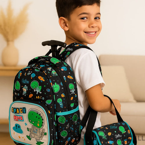 Kit Mochila Dino Rodinhas Lancheira e Estojo Escolar