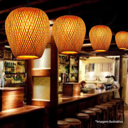 Luminária Pendente de Bambu Natural Artesanal Estilo Boho Chic