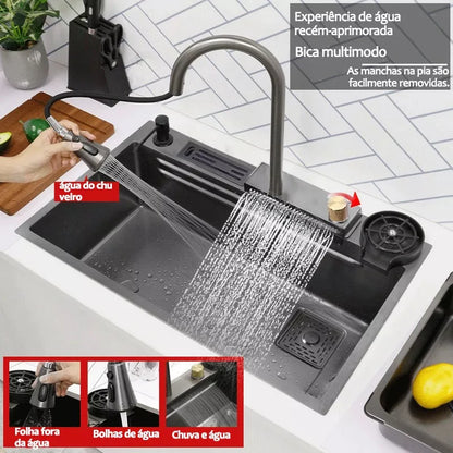 Cuba de Cozinha Gourmet Cascata com Torneiras e Acessórios 75 x 45 cm